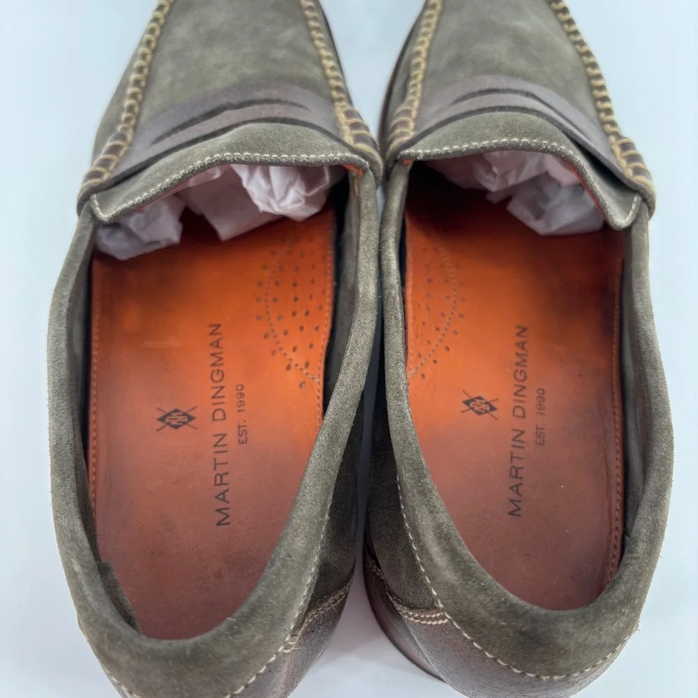 Martin Dingman Mens Penny Loafers 9M Olive Green Suede Leather Handcrafted